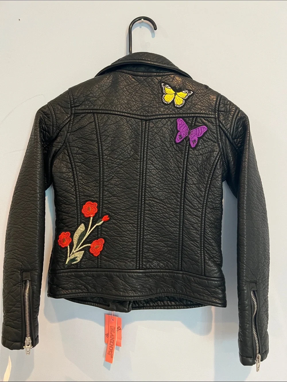 Blank NYC Black Embroidered Moto Jacket with Colorful Patches